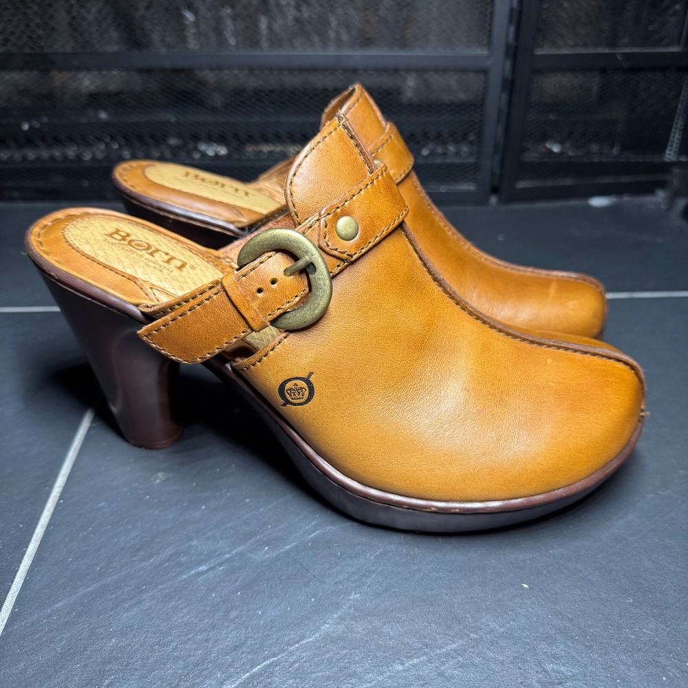 Born Womens Tan Leather Clogs Buckle Strap Platform Block Heel Mules 9 40.5 - Picture 1 of 10
